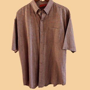 Jeep Short Sleeve Shirt Men XL Orange Blue Check Plaid Linen Button Down Pleated
